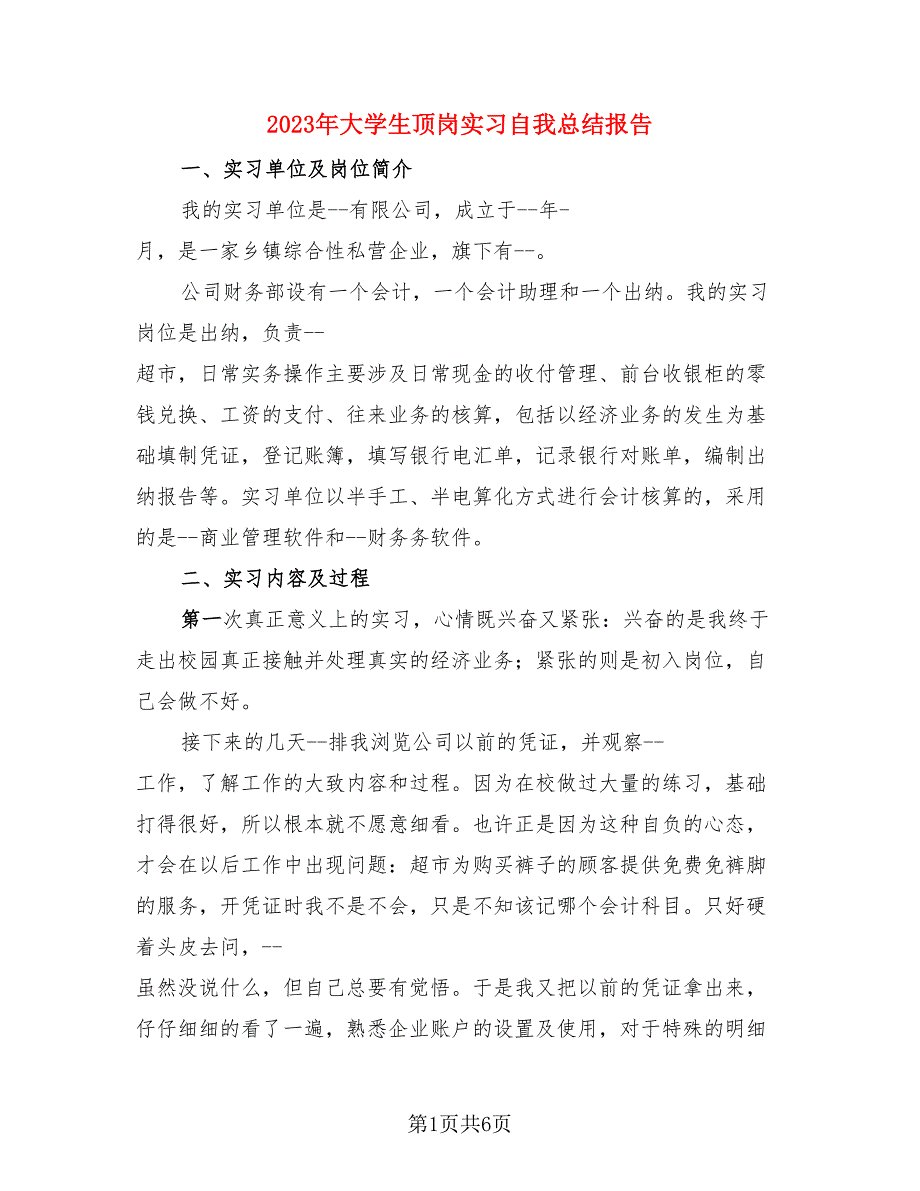 2023年大学生顶岗实习自我总结报告（二篇）.doc_第1页