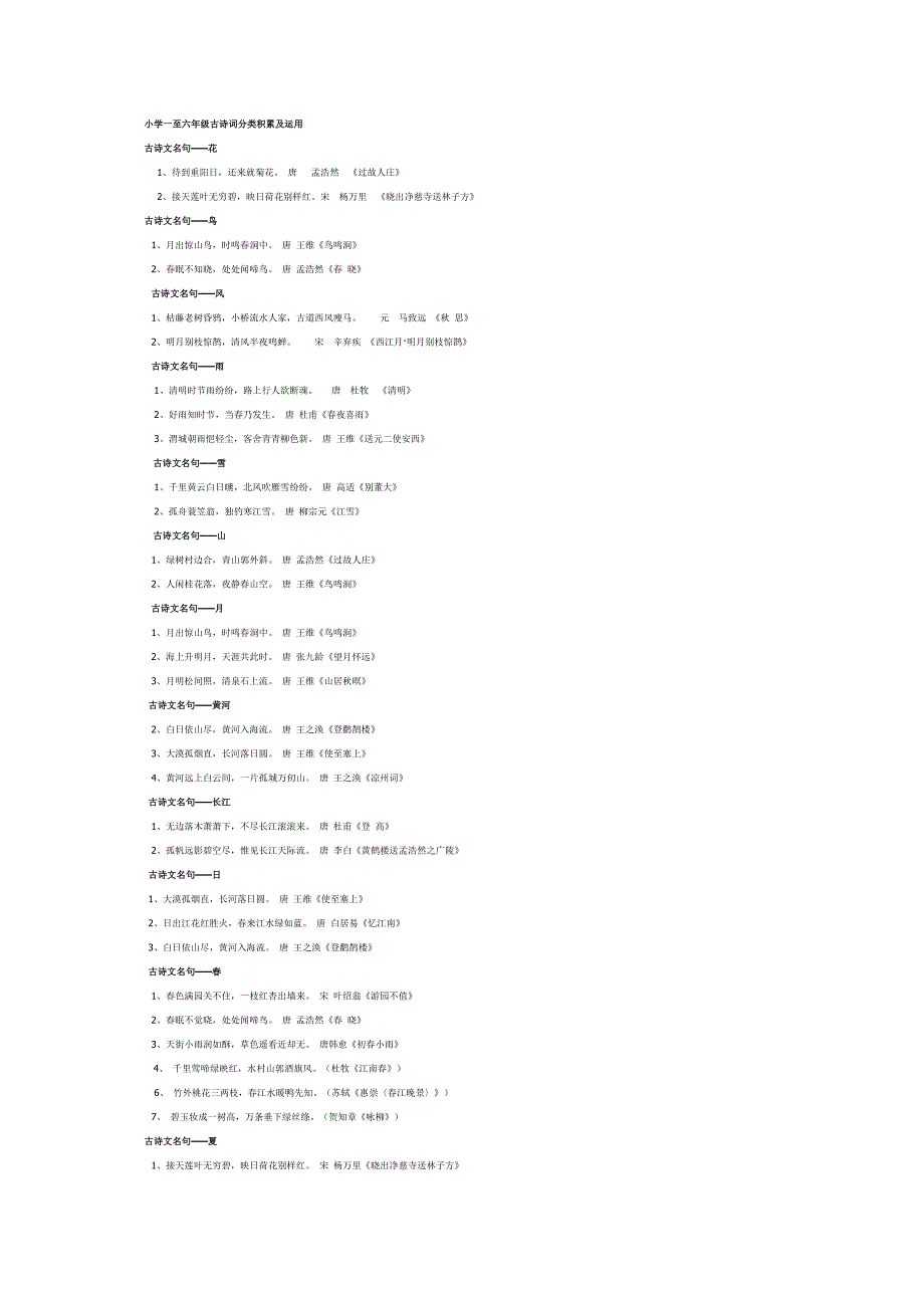 小学一至六年级古诗词分类积累及运用_第1页