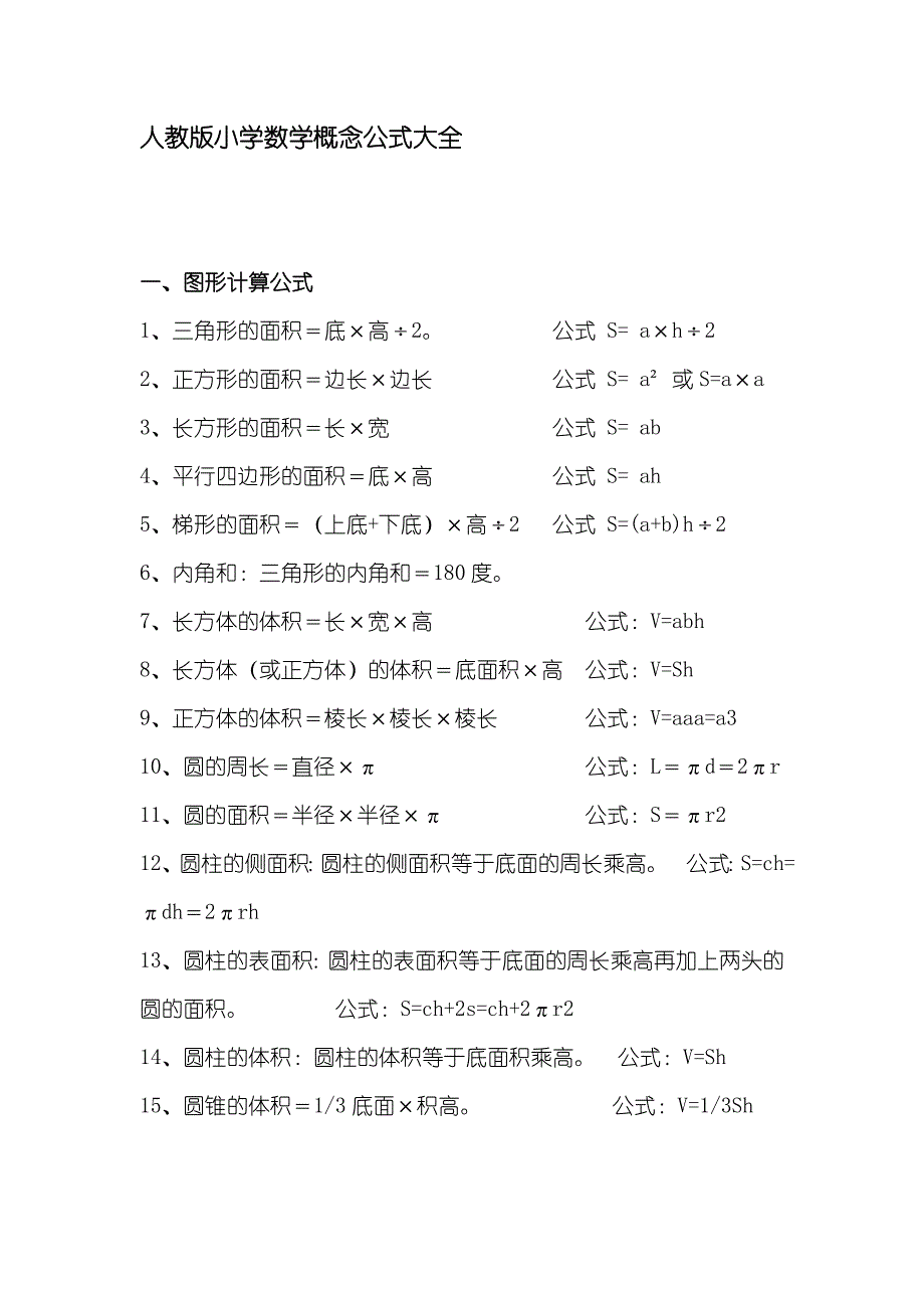 人教版数学一至六年级概念公式大全_第1页