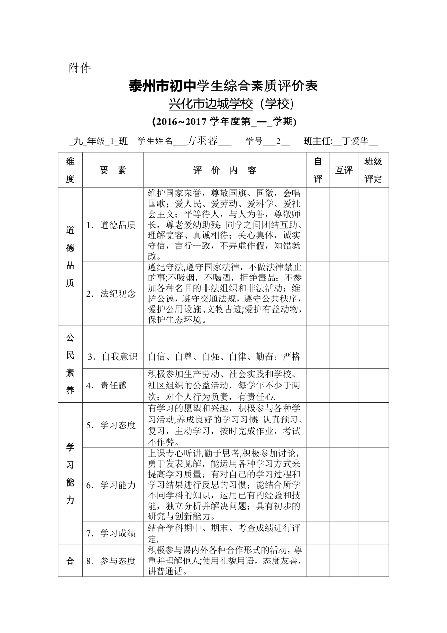 泰州市初中学生综合素质评价表_第3页