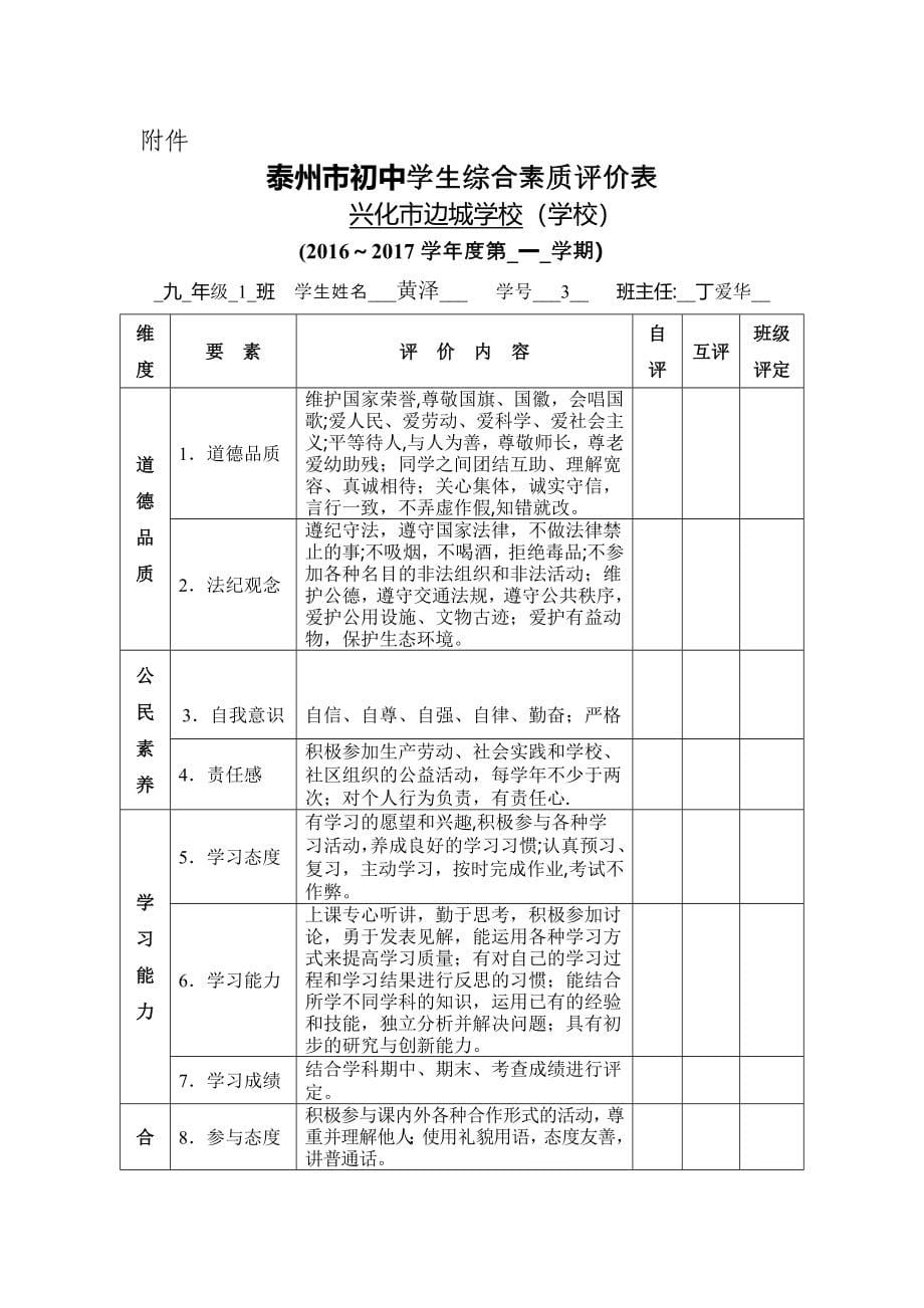 泰州市初中学生综合素质评价表_第5页