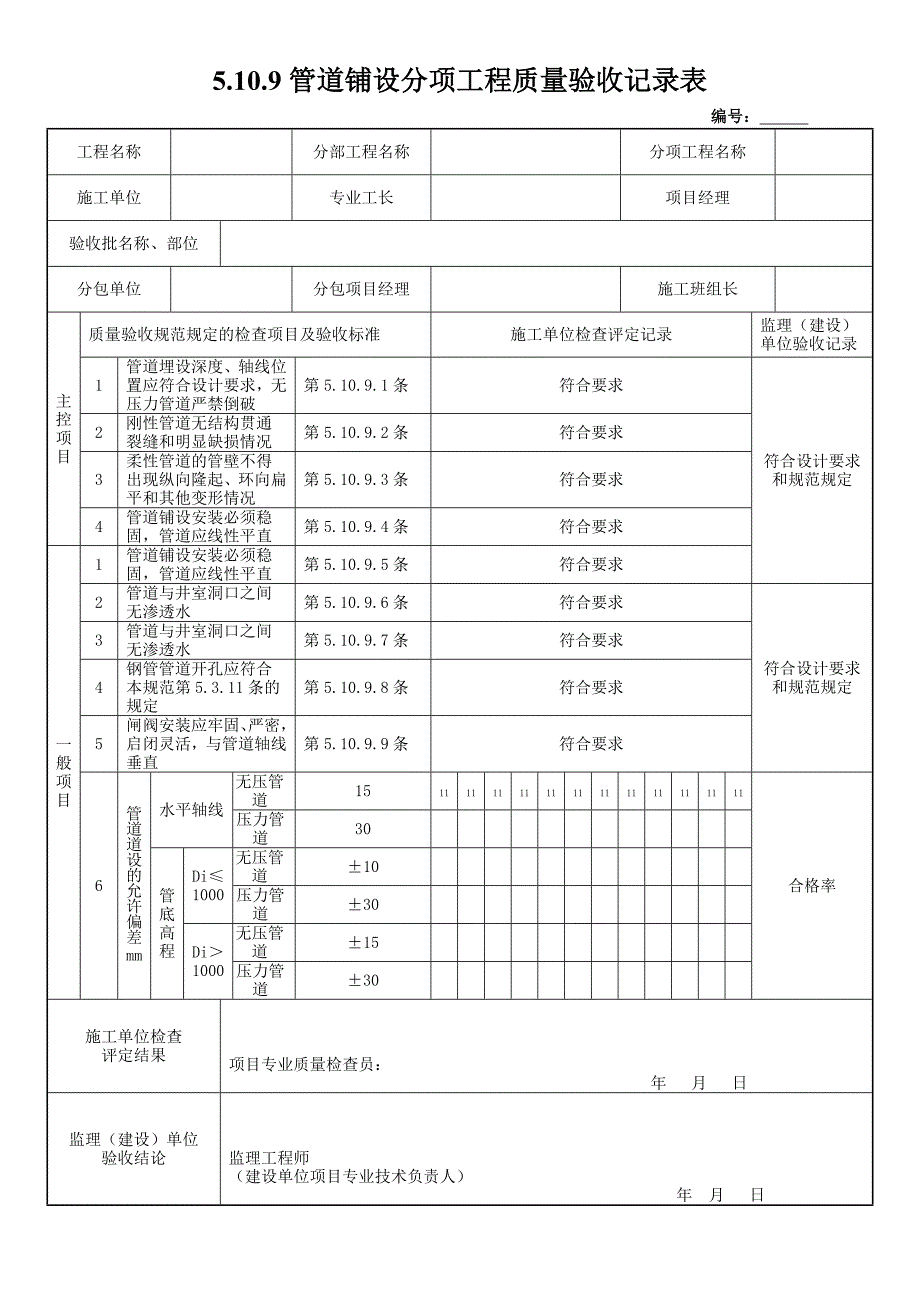 5.10.9管道铺设分项工程质量验收记录表_第1页