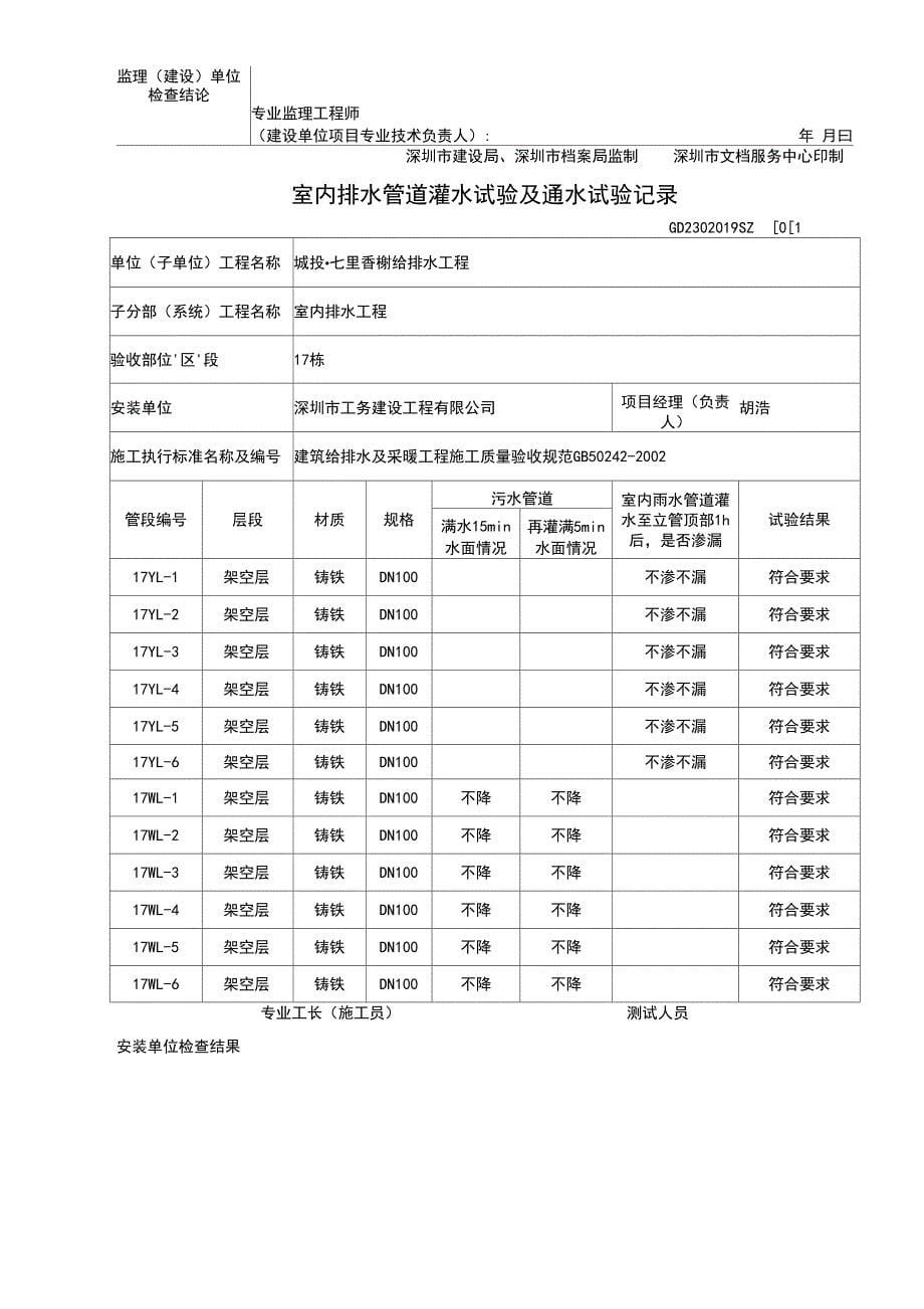 室内排水管道灌水试验及通水试验记录簿_第5页