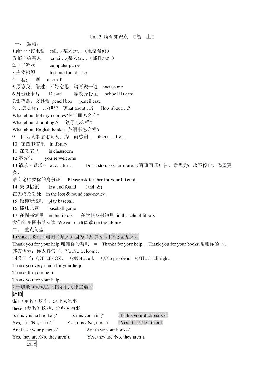 英语初一上Unit3所有知识点_第1页