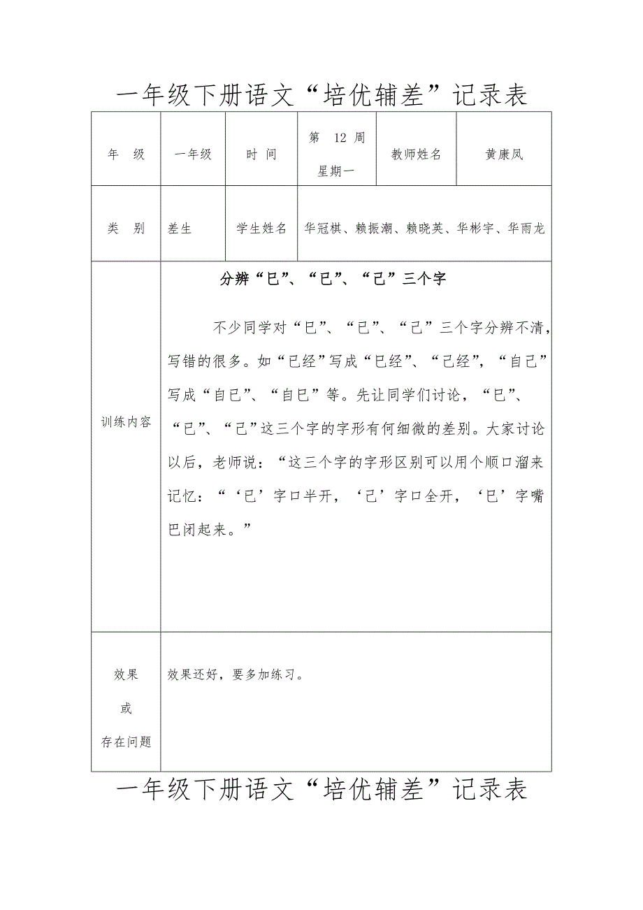 一年级语文下册培优补差记录文稿表_第1页