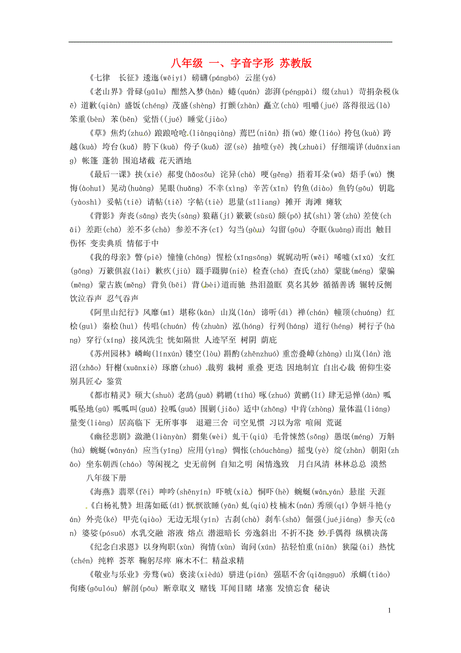 江苏省淮安市洪泽县新区中学中考语文复习 八年级 字音字形 苏教版_第1页