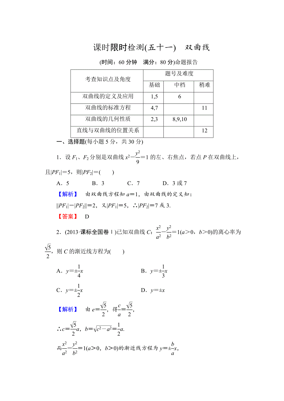 高三数学理,山东版一轮备课宝典 【第八章】课时限时检测51_第1页