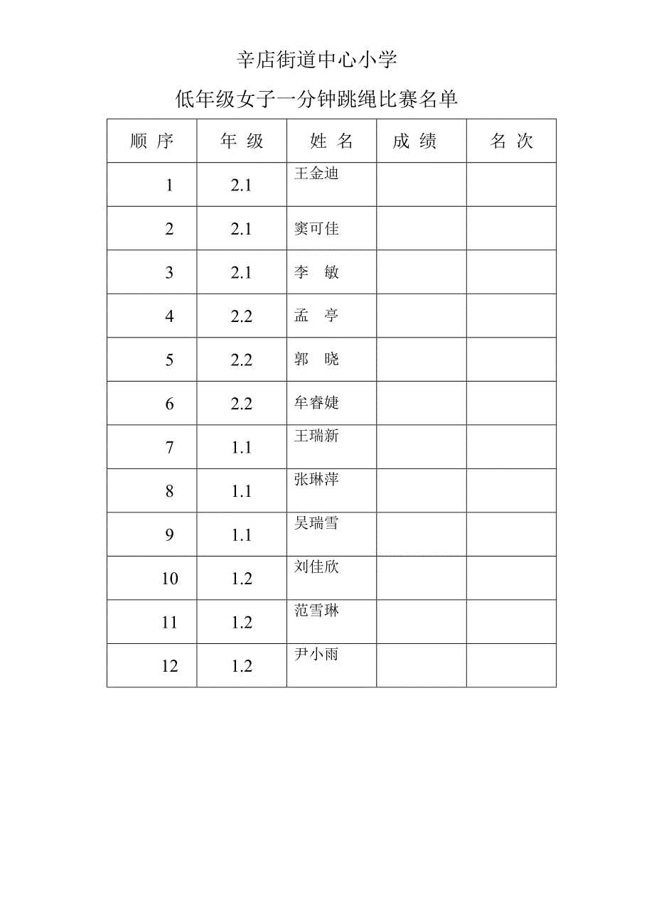 辛店街道中心小学田赛检录表.doc_第1页