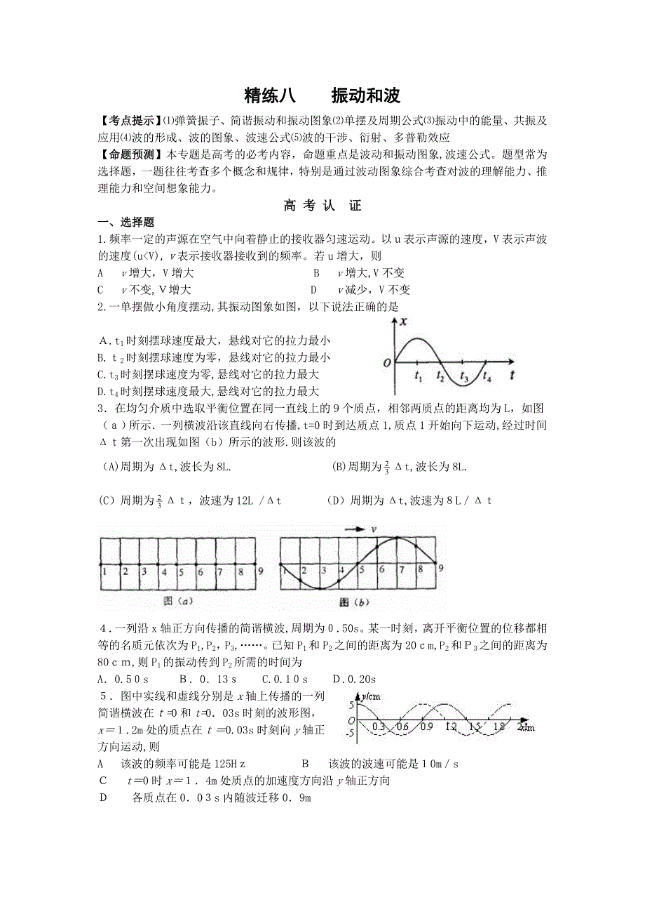 高三物理一轮复习单元精练振动与波高中物理_第1页