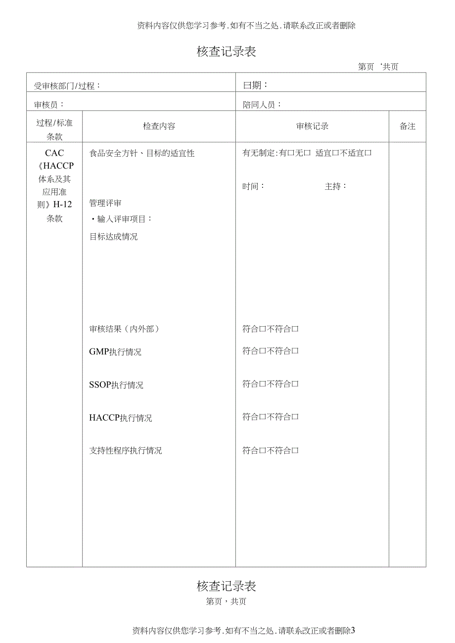 精品CAC的核查记录表HACCP_第3页