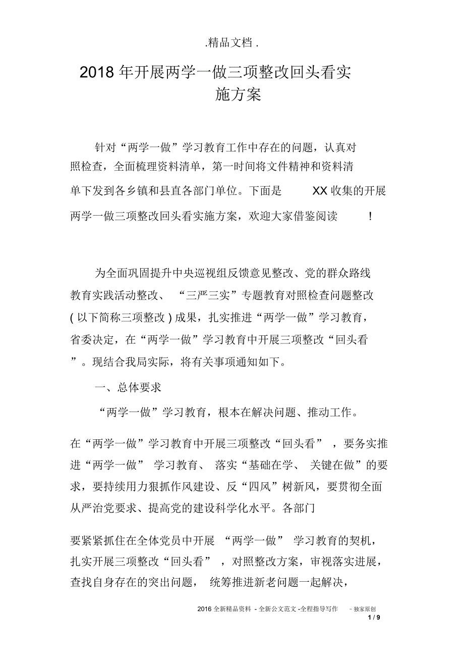 2018年开展两学一做三项整改回头看实施方案_第1页