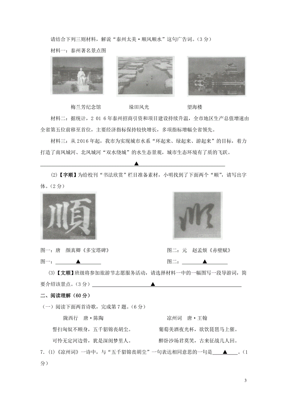 江苏省泰州市九年级语文下学期第二次模拟试题08074114_第3页