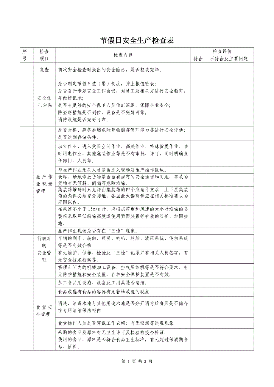 节假日安全生产检查表_第1页