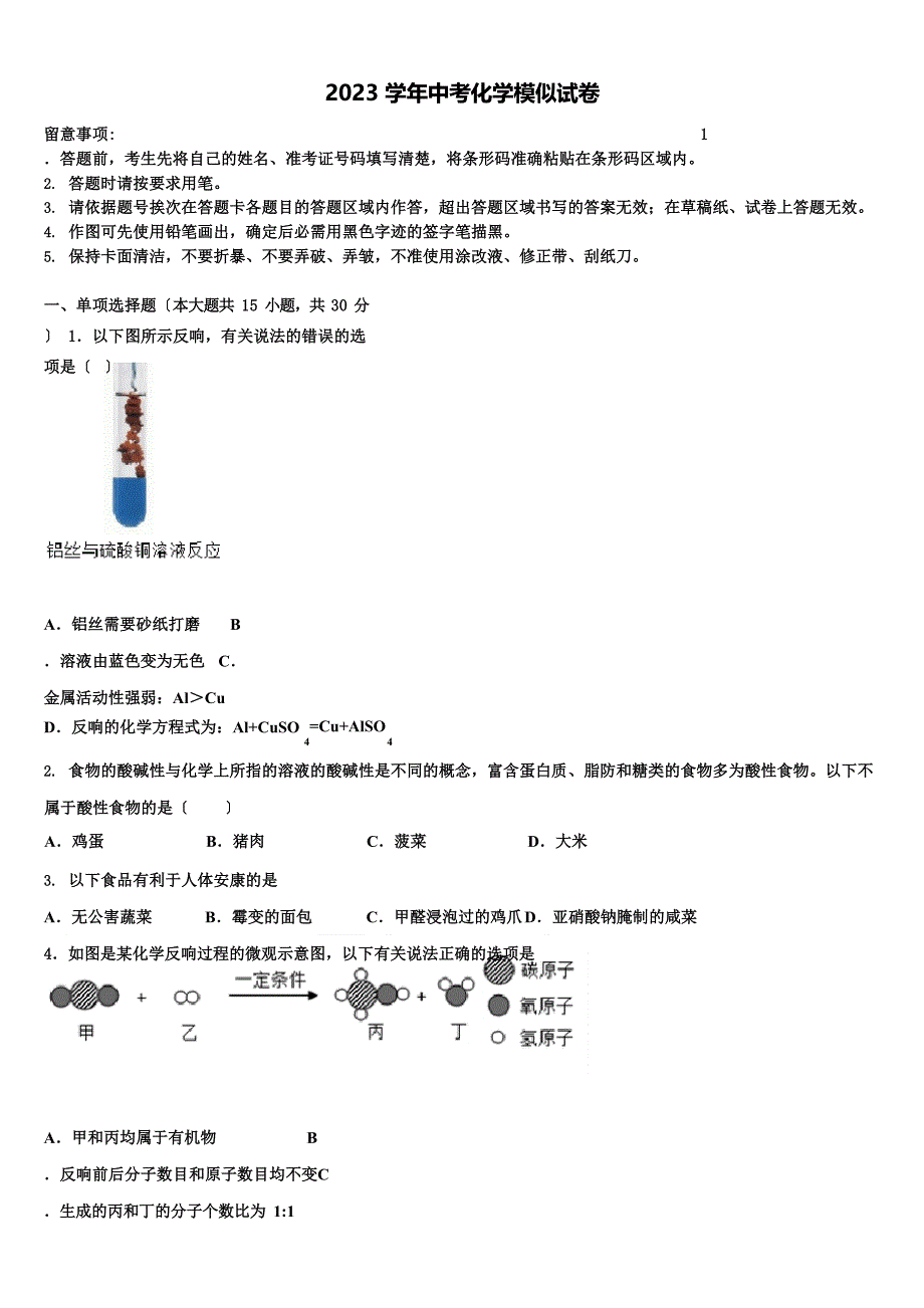 2023年届广东省揭阳市普宁市中考化学适应性模拟试题(含解析)_第1页