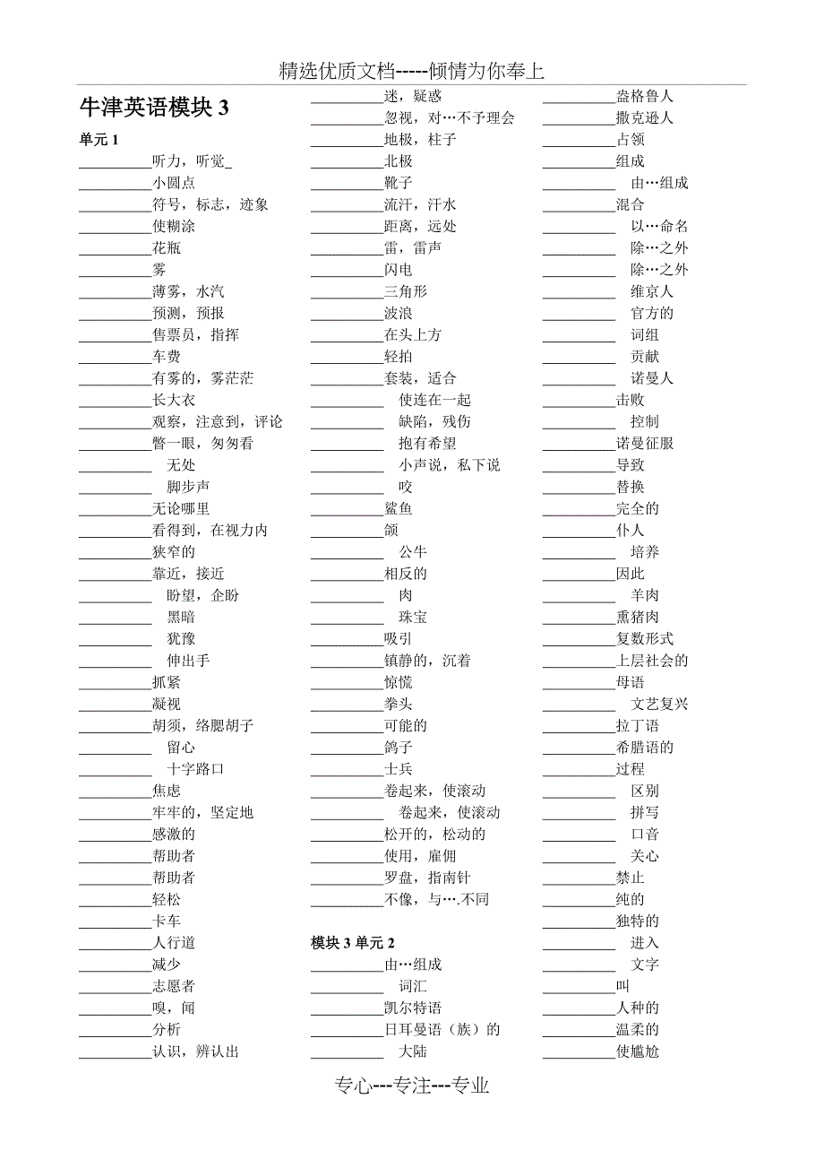 牛津高中英语模块3单词表-英汉对照默写版本(共4页)_第1页