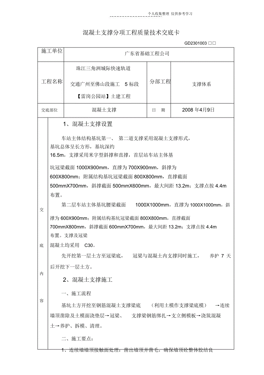 砼支撑技术交底卡_第1页