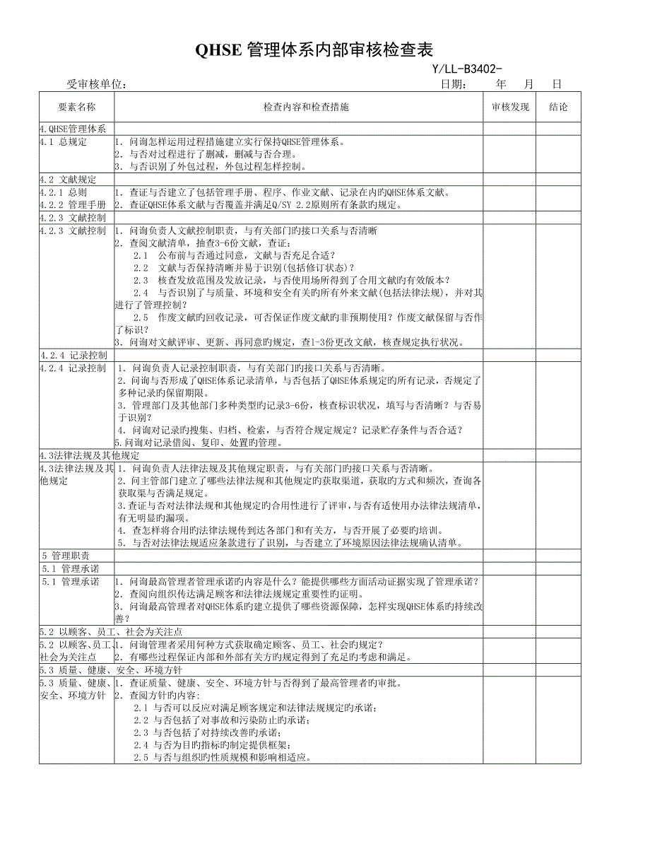 公司QHSE内审检查表_第1页