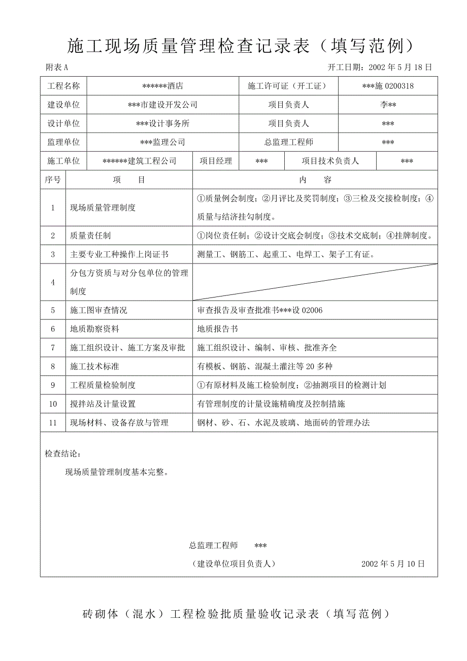 建筑工程施工现场质量管理检查记录表填写范例_第1页