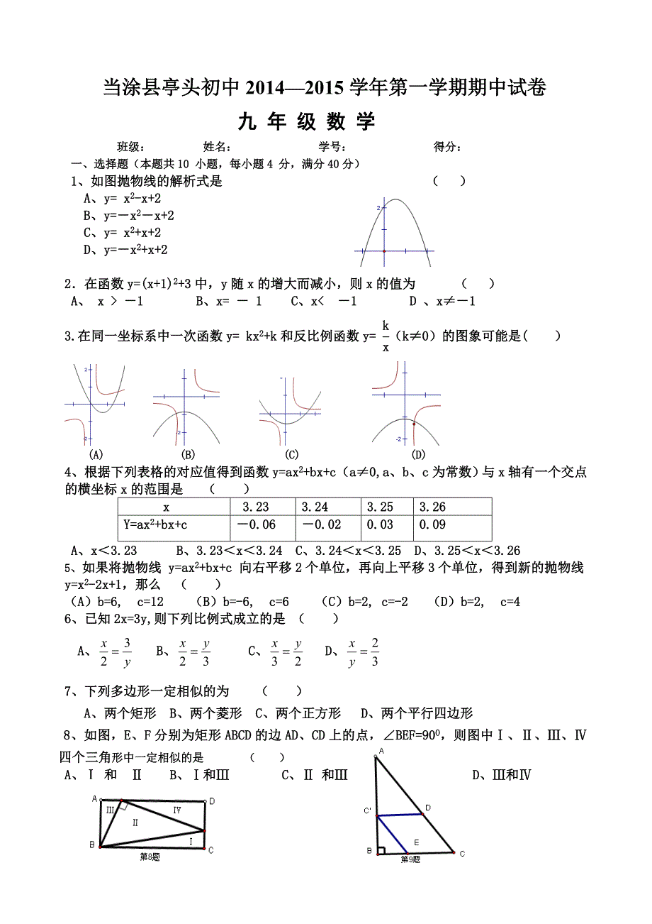 2014--2015学年第一学期九上期中试卷_第1页