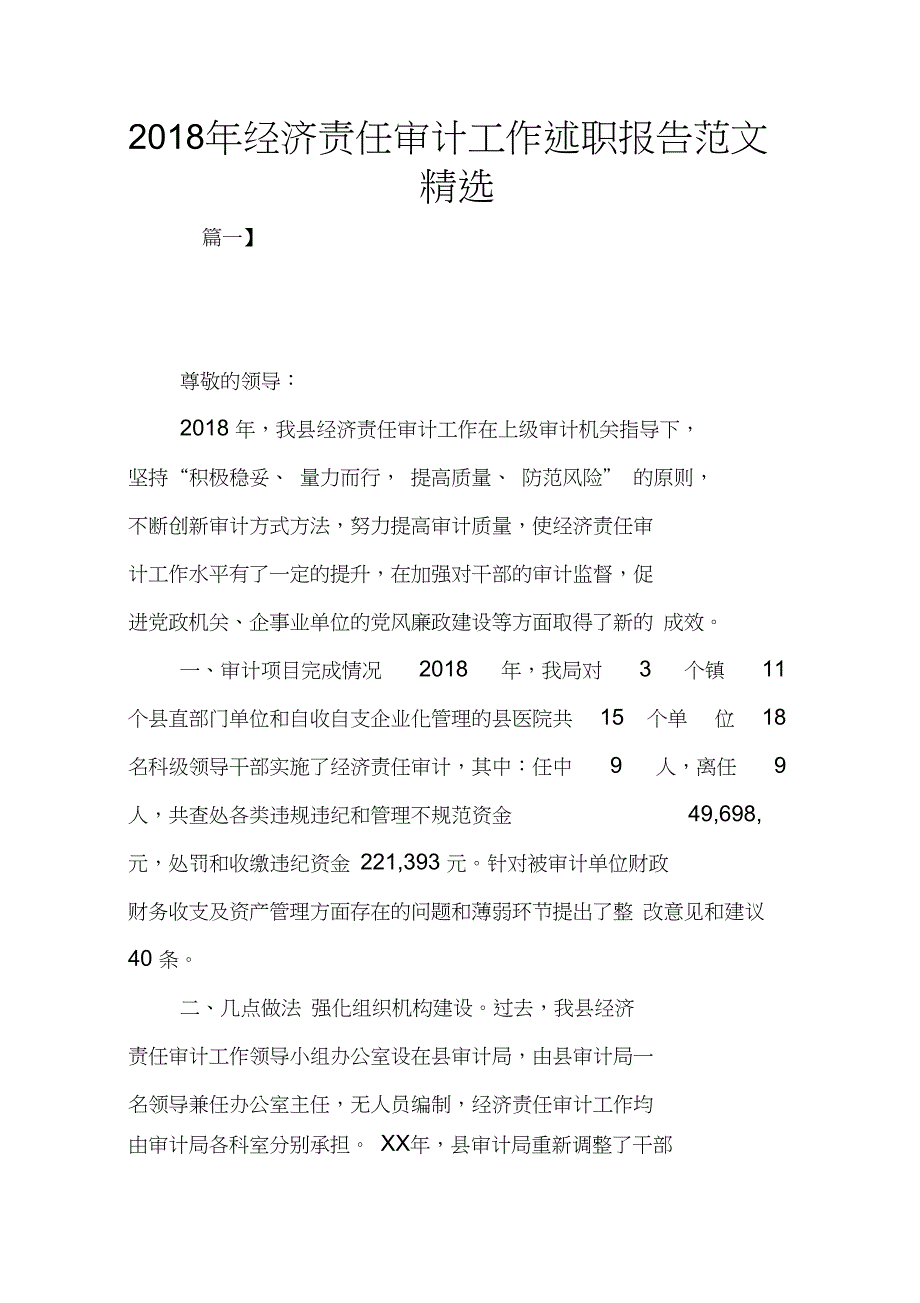 2018年经济责任审计工作述职报告范文精选_第1页