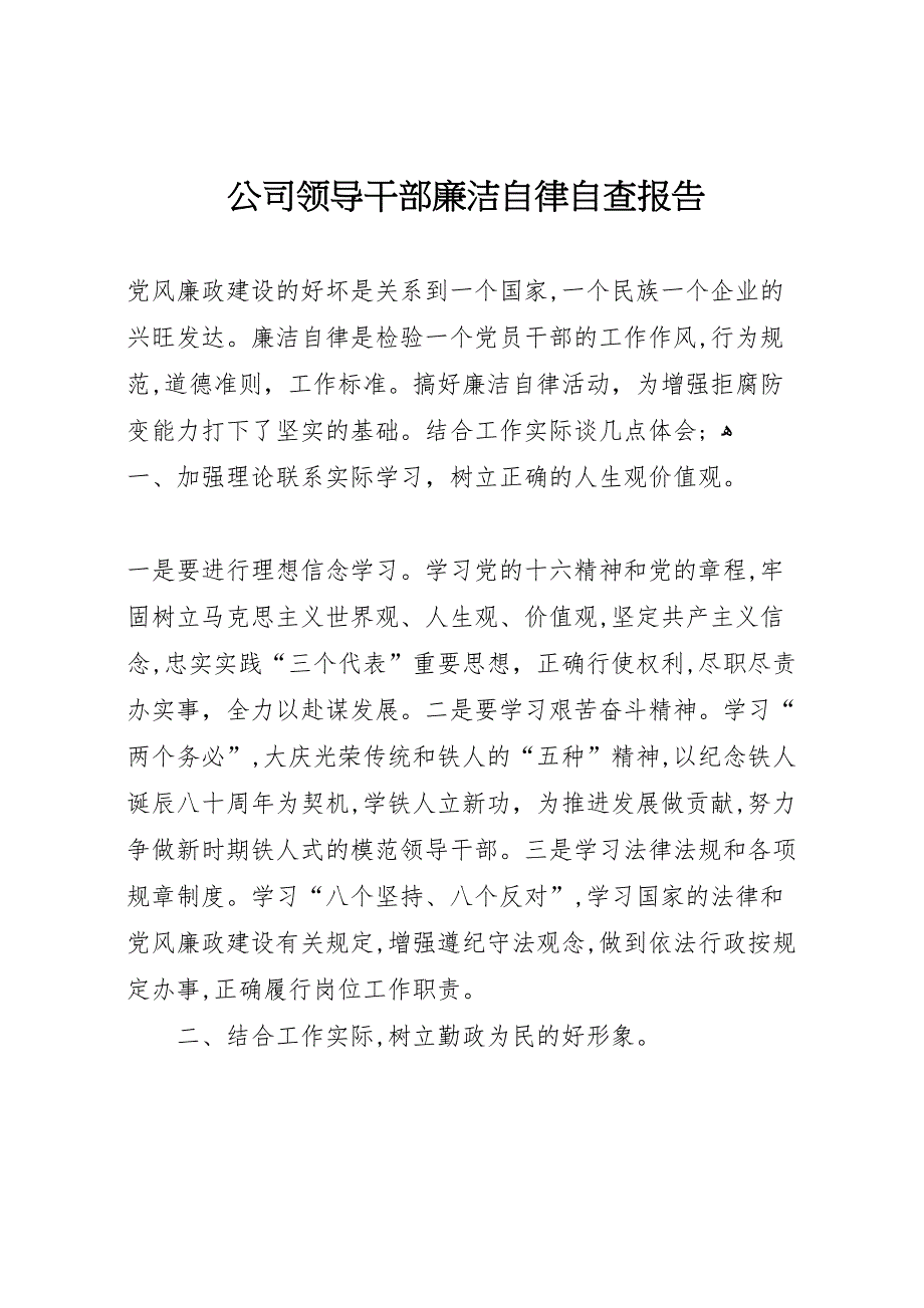 公司领导干部廉洁自律自查报告_第1页