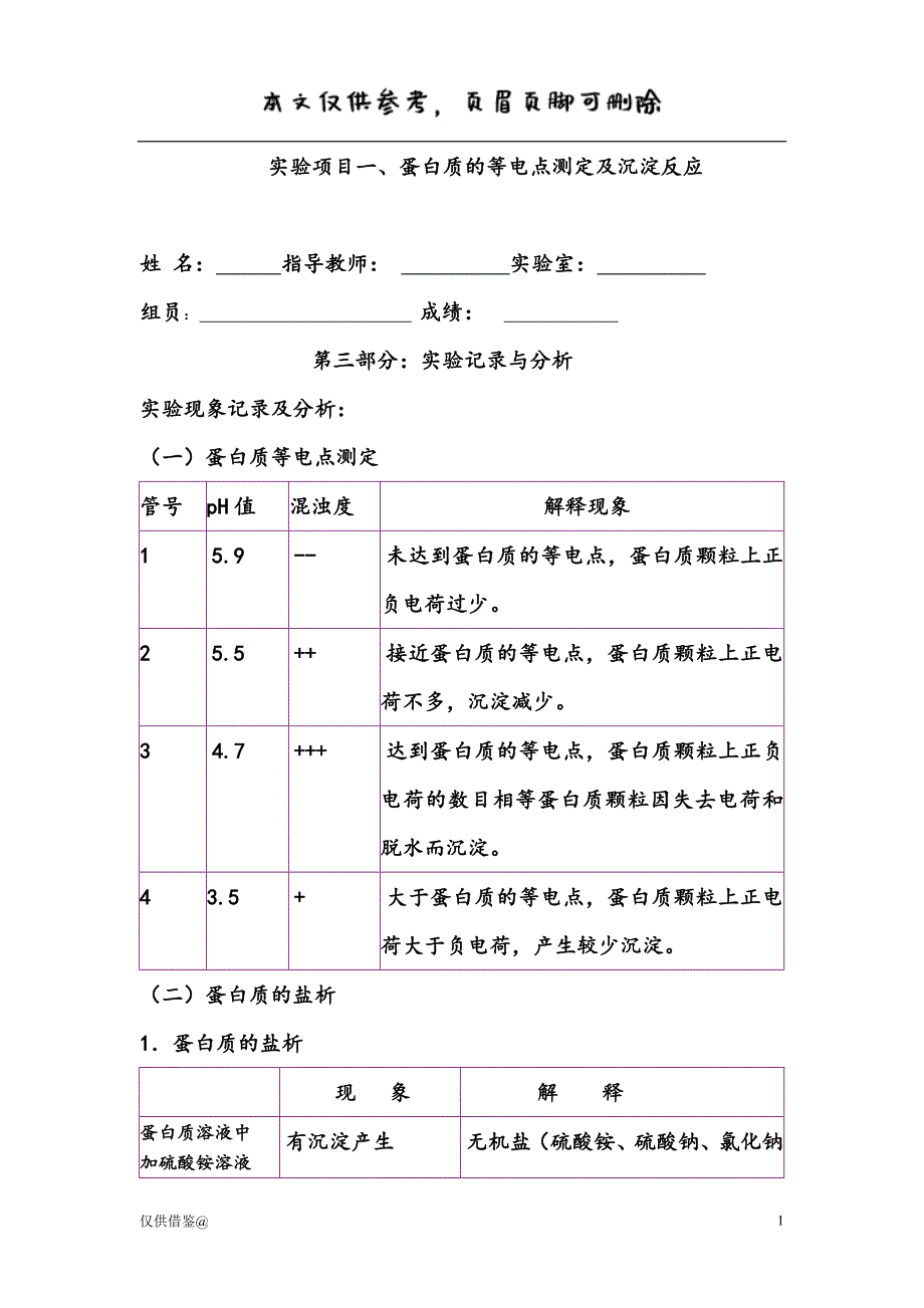 蛋白质的等电点测定与沉淀实验（参考资料）_第1页