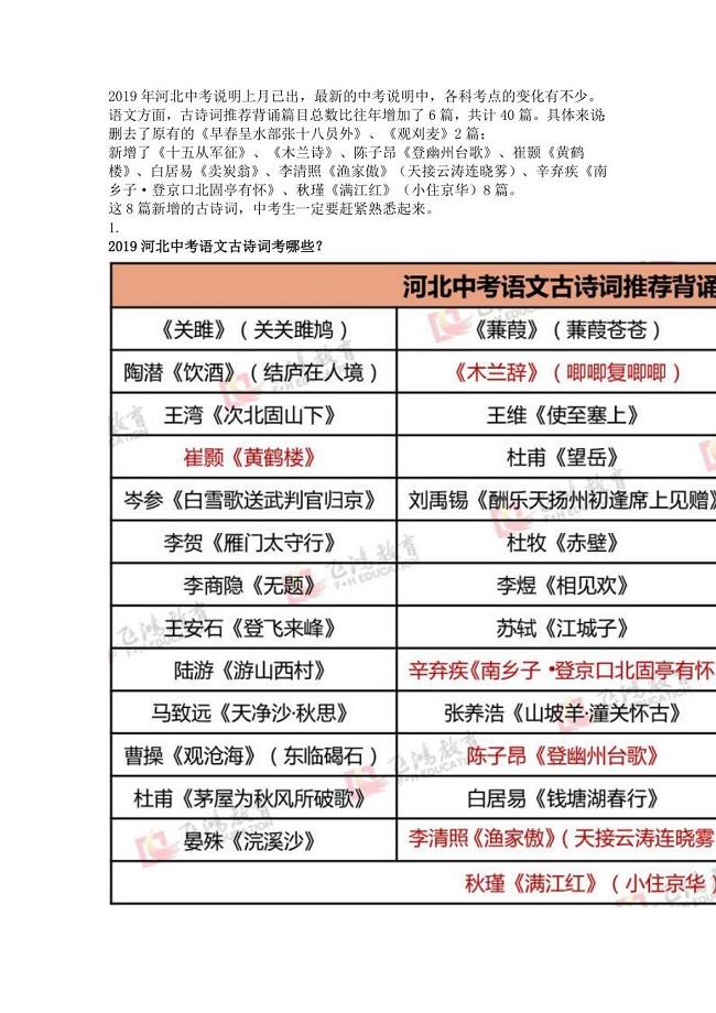河北省2019年中考语文考试说明