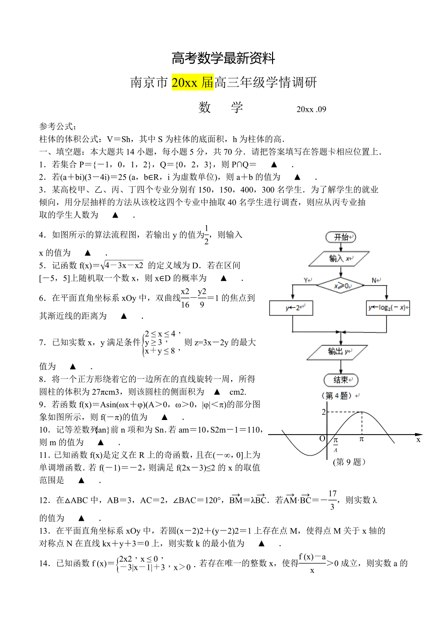 【最新资料】江苏省南京市高三9月学情调研测试数学试卷含答案_第1页