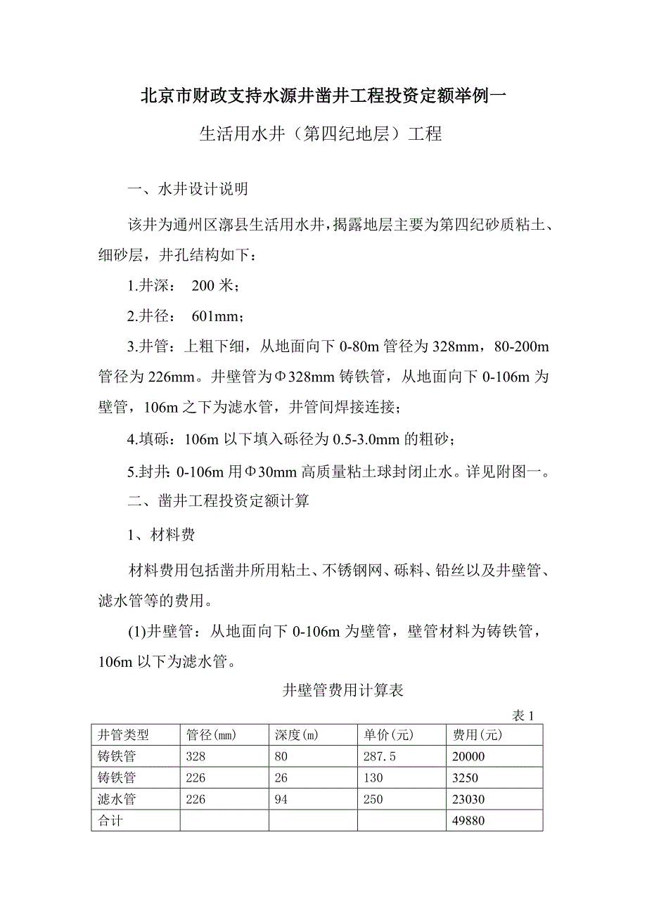 水源井凿井工程投资定额举例.doc_第1页