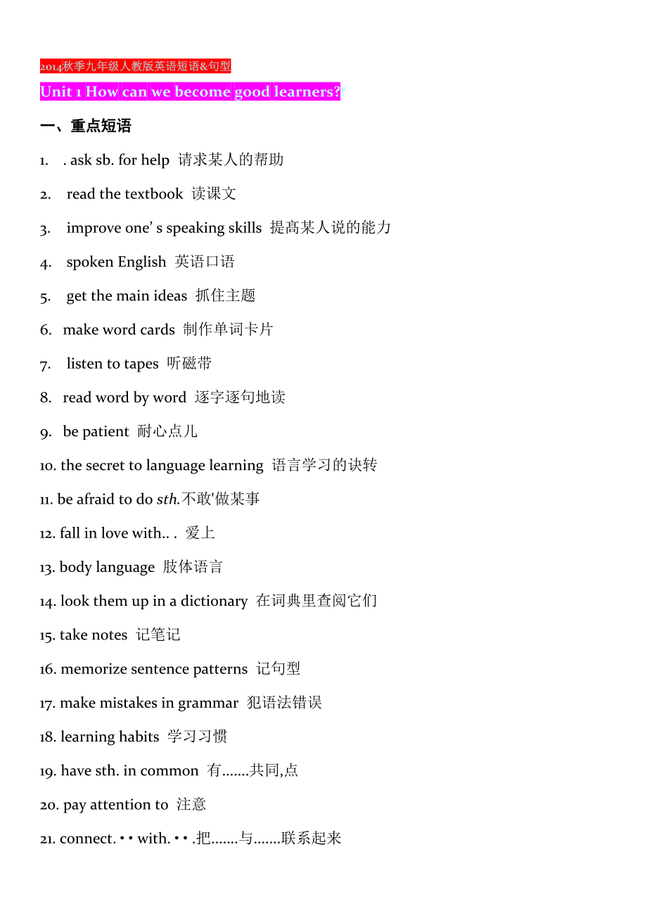 2014秋季九年级新人教版英语知识点(一)_第1页