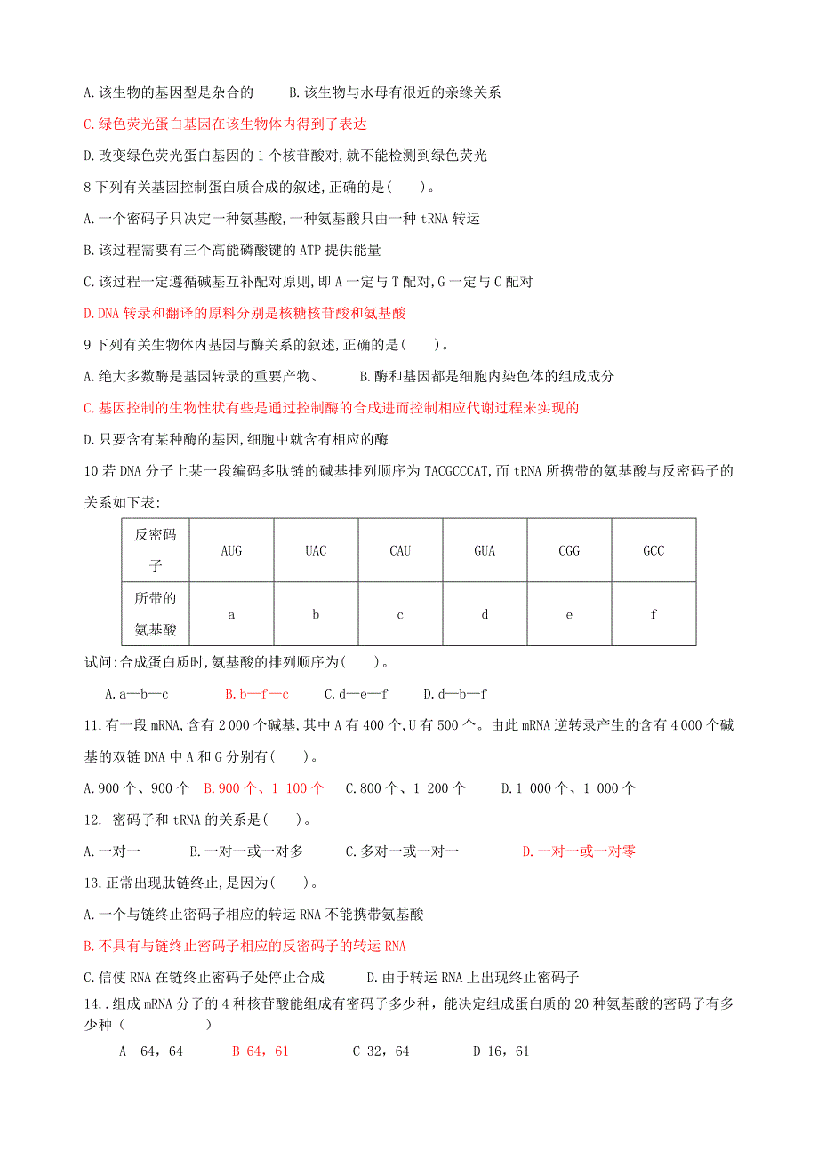 第4章基因的表达单元测试.doc_第2页