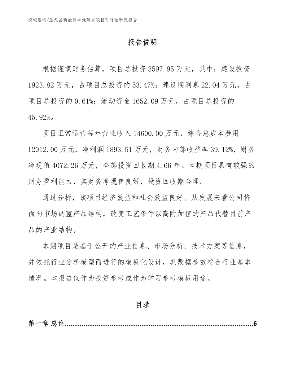 玉龙县新能源电池研发项目可行性研究报告（范文模板）_第1页