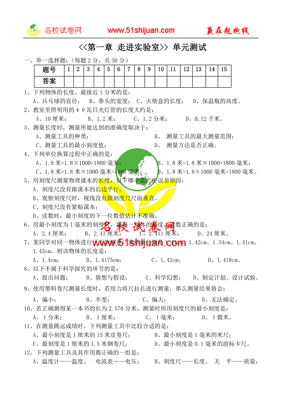 2008年初二物理第一章走进实验室单元测试题(教科版).doc_第1页