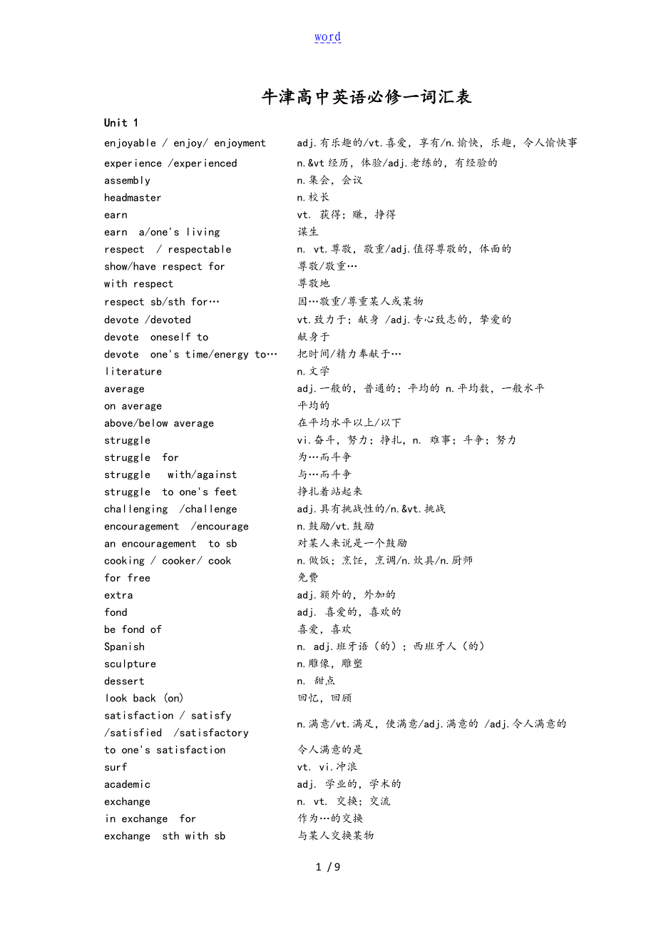 苏教版高一英语必修一单词_第1页