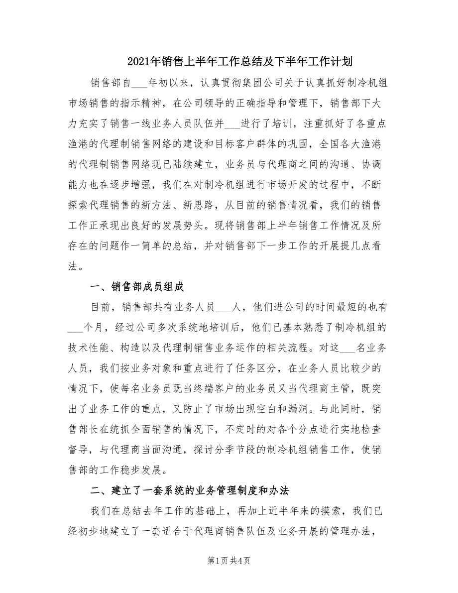 2021年销售上半年工作总结及下半年工作计划_第1页