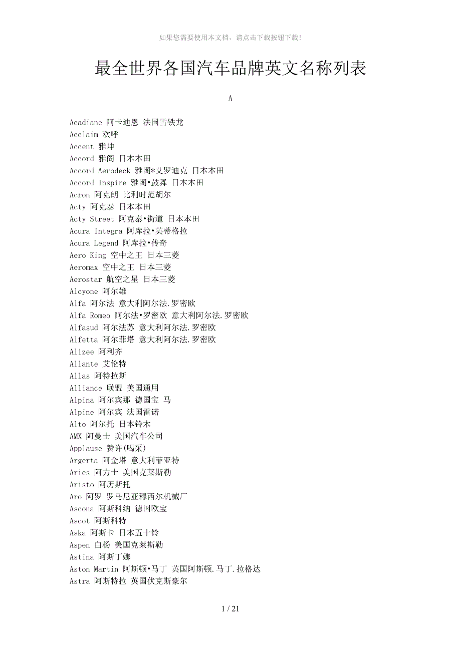 最全世界各国汽车品牌英文名称列表_第1页