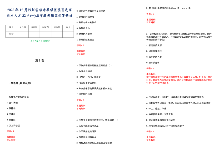 2022年12月四川省邻水县级医院引进高层次人才32名(一)历年参考题库答案解析_第1页