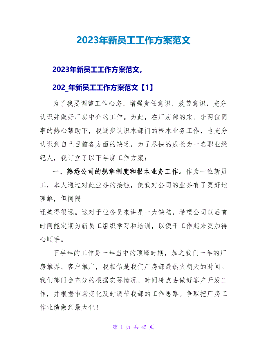 2023年新员工工作计划范文_第1页