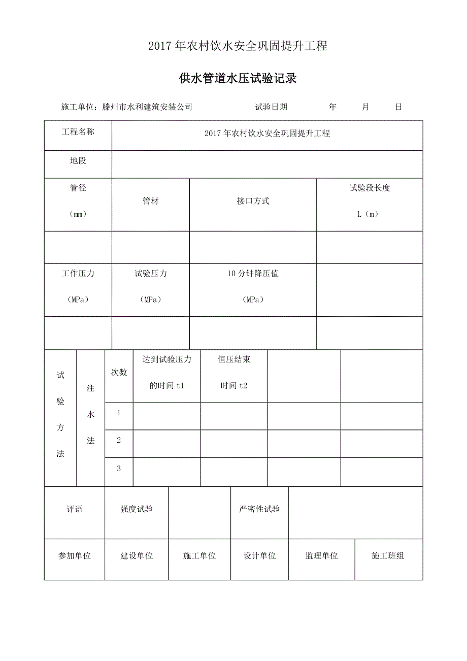 供水管道水压试验记录表_第1页