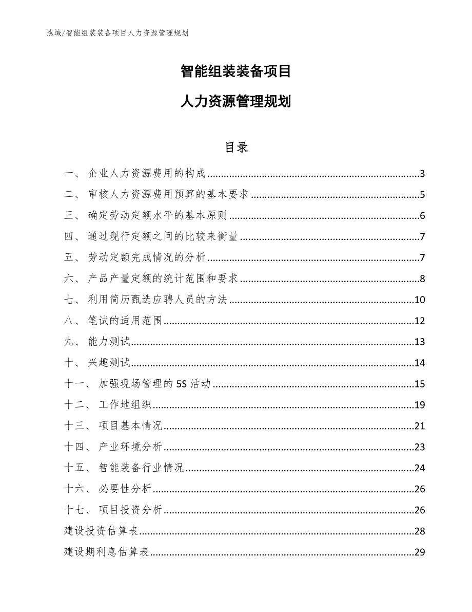 智能组装装备项目人力资源管理规划_第1页