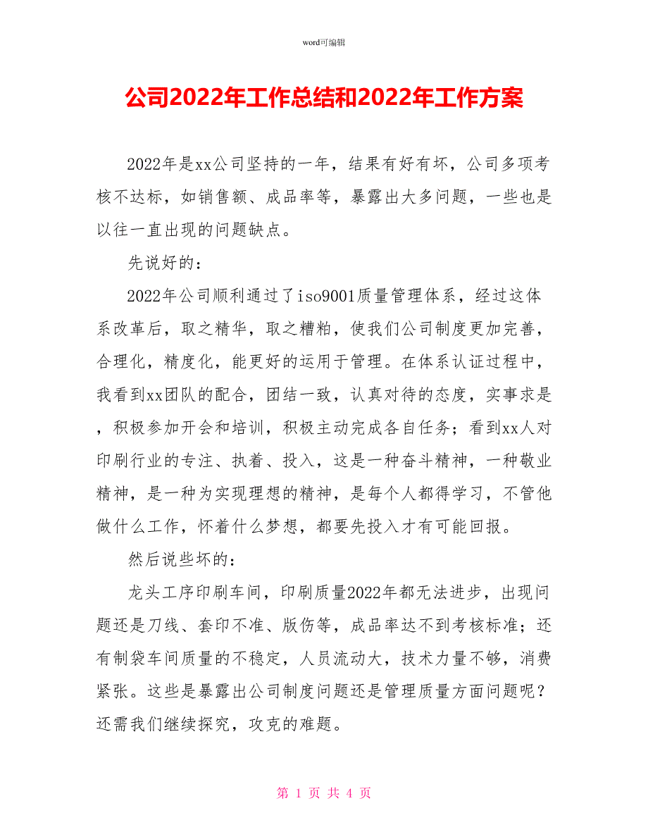 公司2022年工作总结和2022年工作计划1_第1页