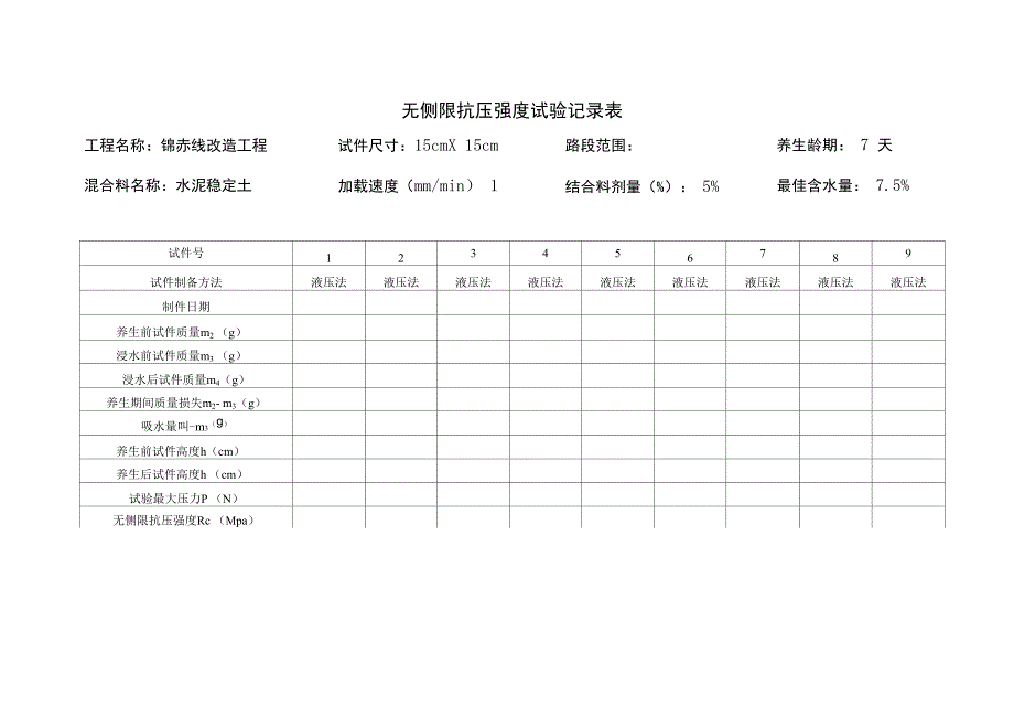 七天无侧限抗压强度试验表_第1页