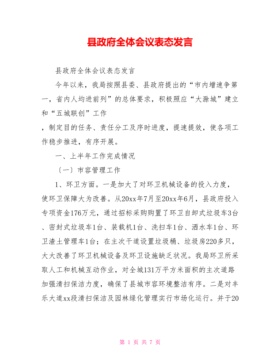 县政府全体会议表态发言_第1页