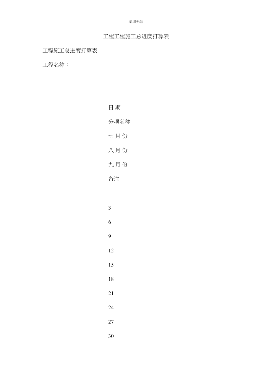 2023年工程项目施工总进度计划表范文.docx