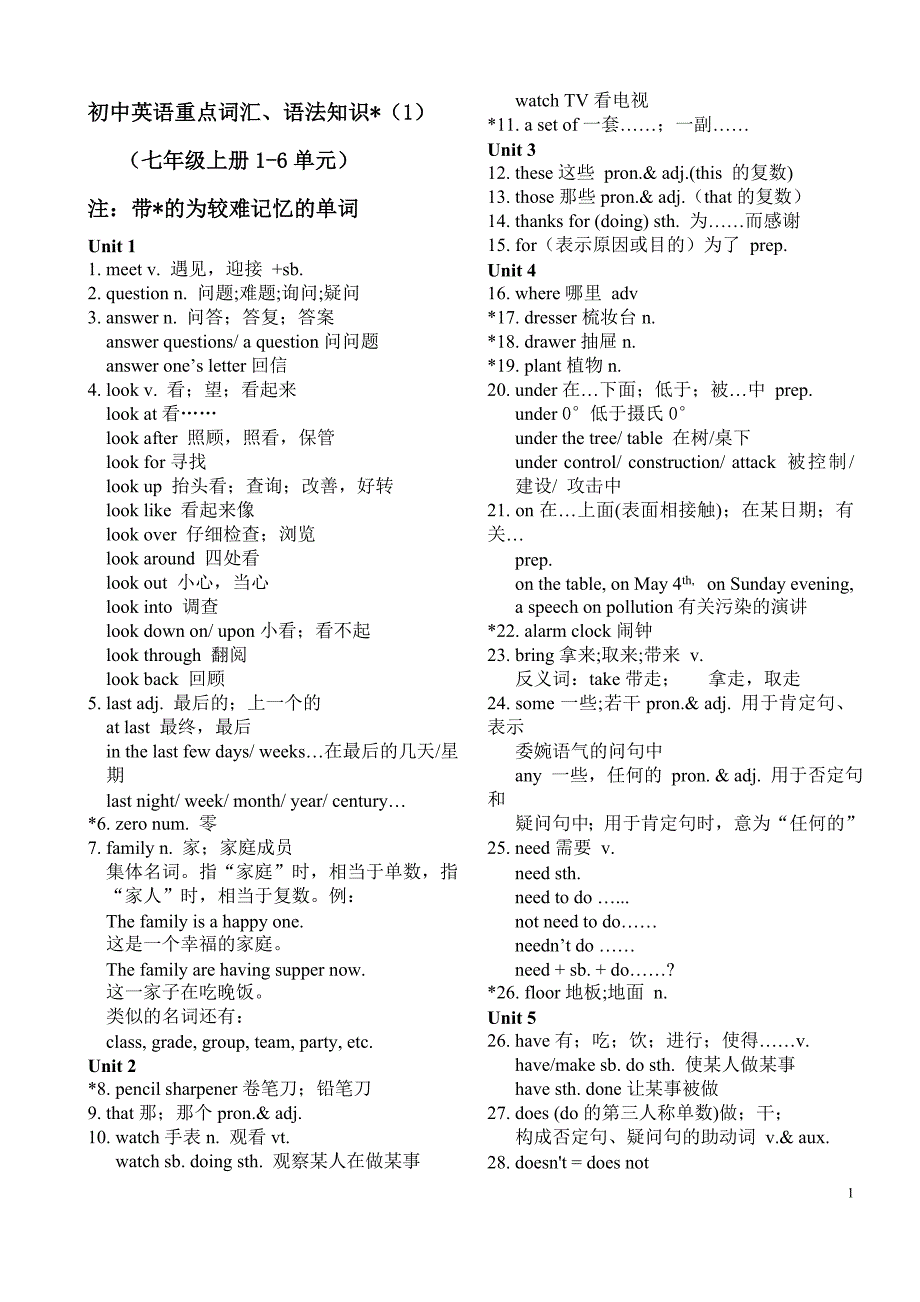 人教版新目标七年级英语重点词汇和语法(上册)_第1页