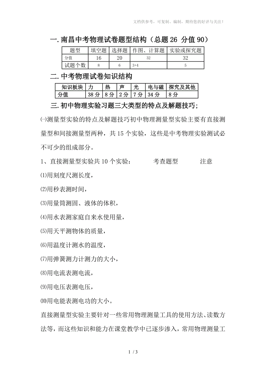 南昌中考物理试卷题型结构_第1页