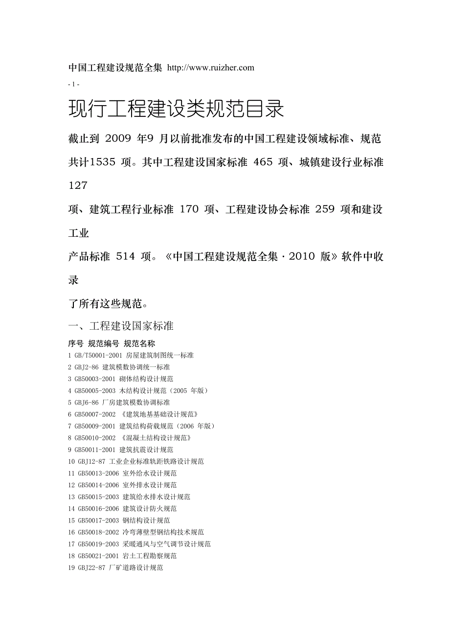 现行工程建设类规范目录Microsoft Word 文档_第1页