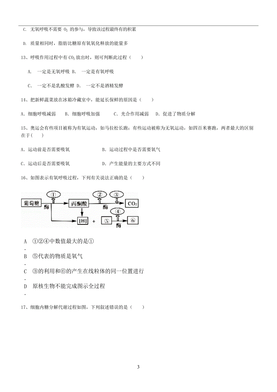 细胞呼吸练习含答案,推荐文档_第3页