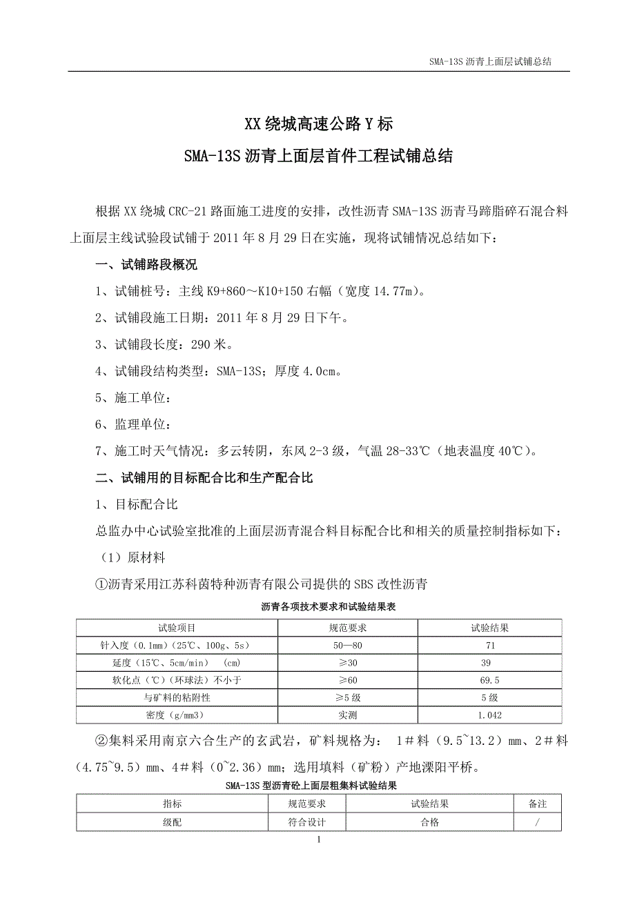 SMA13S沥青上面层首件工程试铺总结_第1页