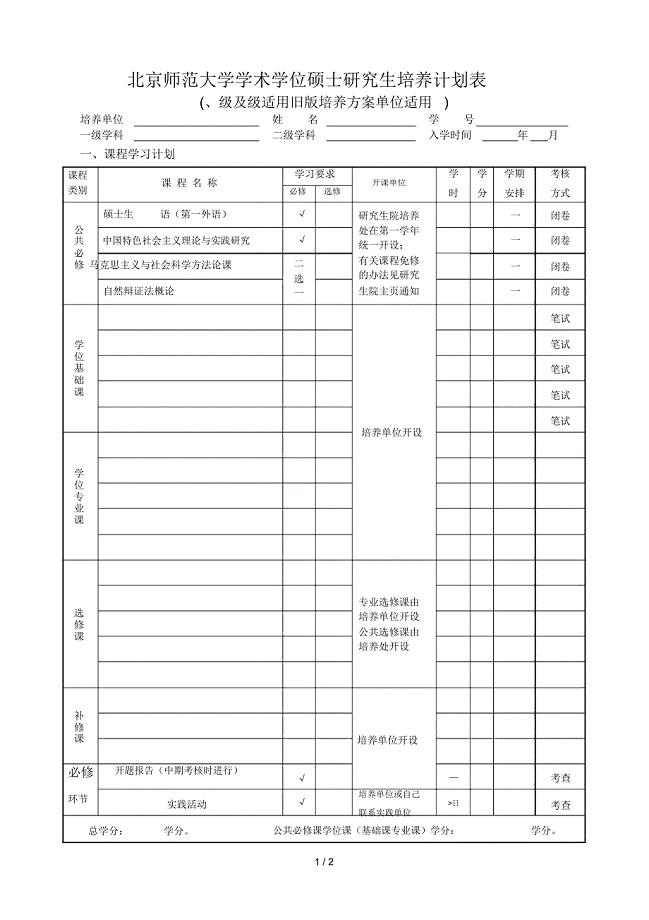 北京师范大学学术学位硕士研究生培养计划表